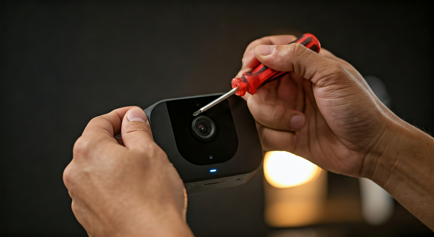 Close-up photo of a professional installing a sleek smart home security camera with a screwdriver. F