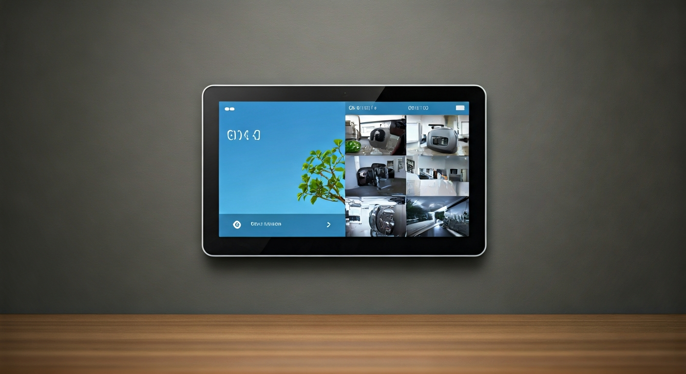 Professional photo of a smart home security panel mounted on a wall, displaying a live feed from mul