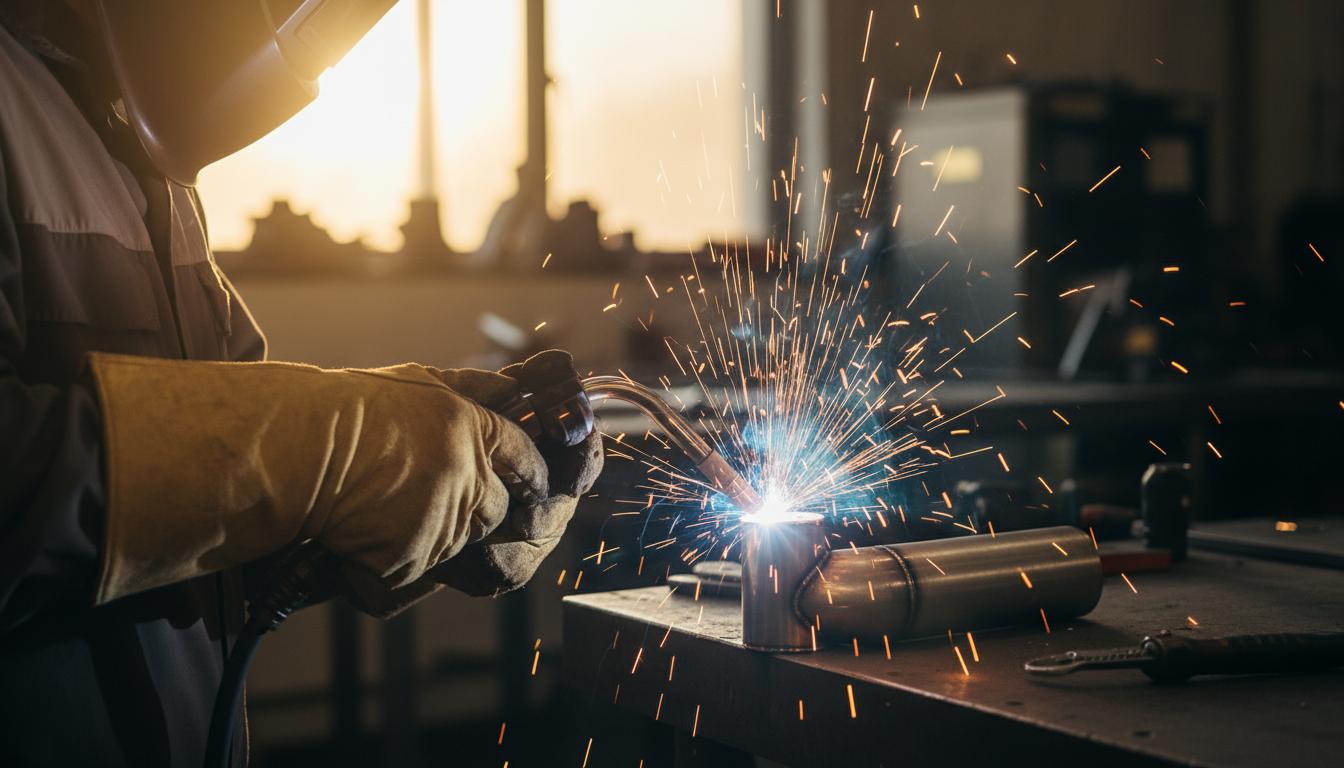 Close-up professional photo of a skilled metalworker's hands welding a metal joint with sparks flyin