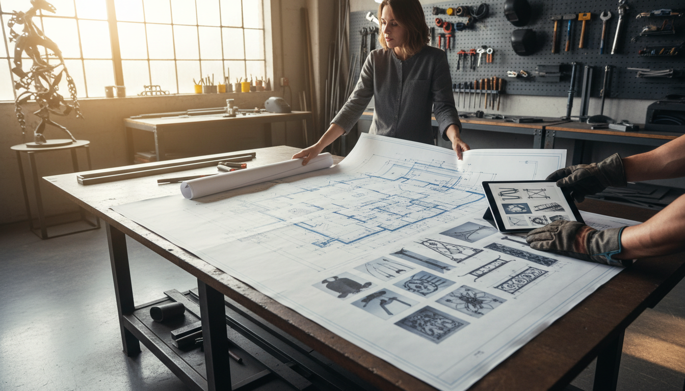 Professional photo of a homeowner reviewing a detailed blueprint and discussing design options with