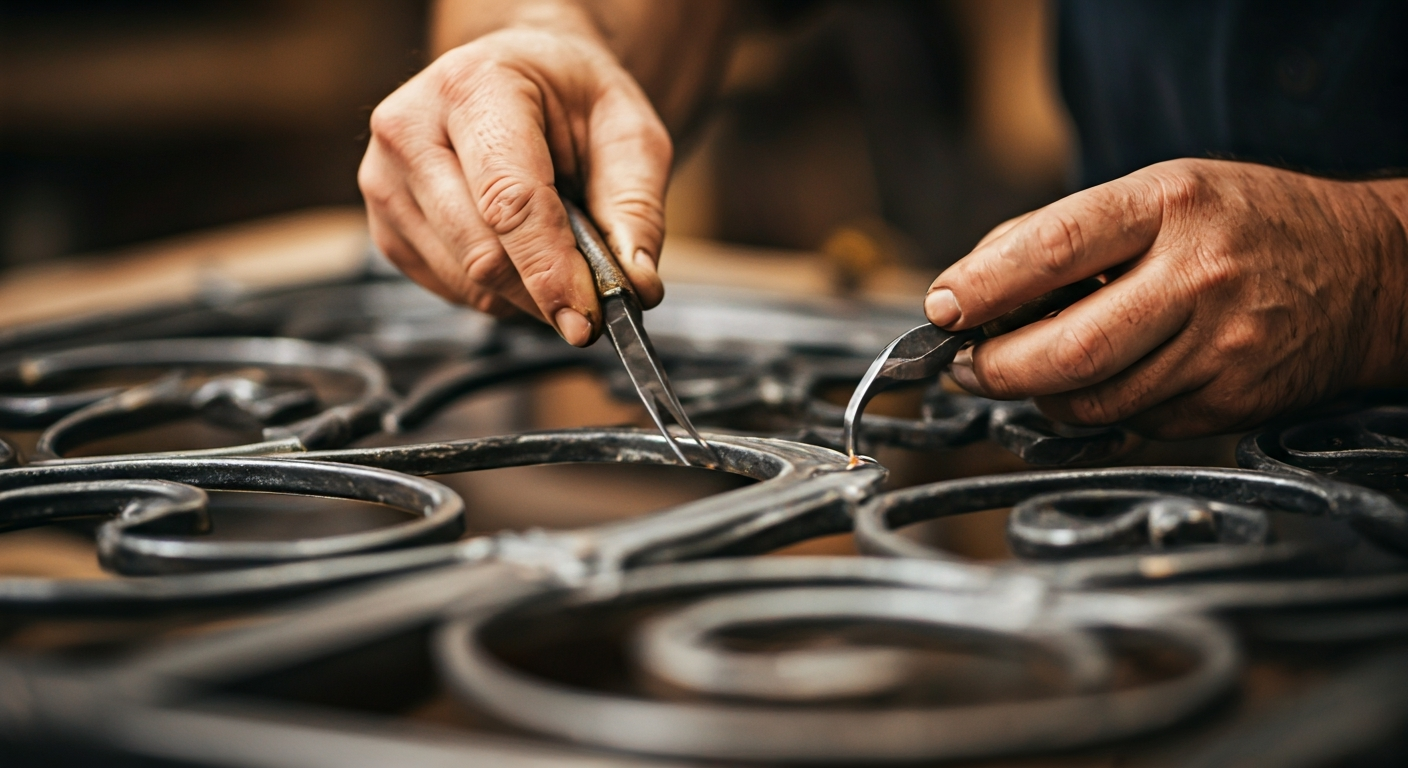 Close-up professional photo of a craftsman's hands meticulously working on a detailed metal gate, sh