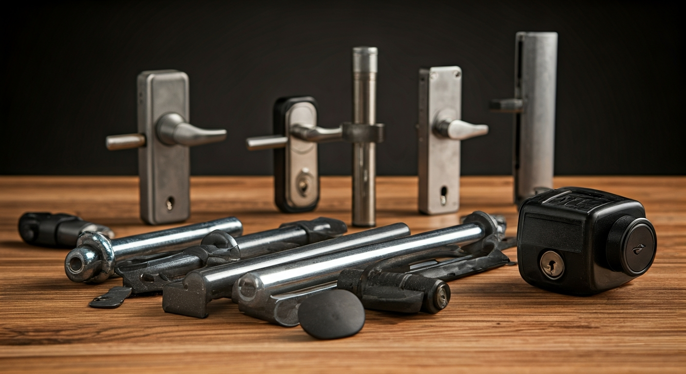 Professional photo of various high-security door locks and metal security bars arranged neatly on a