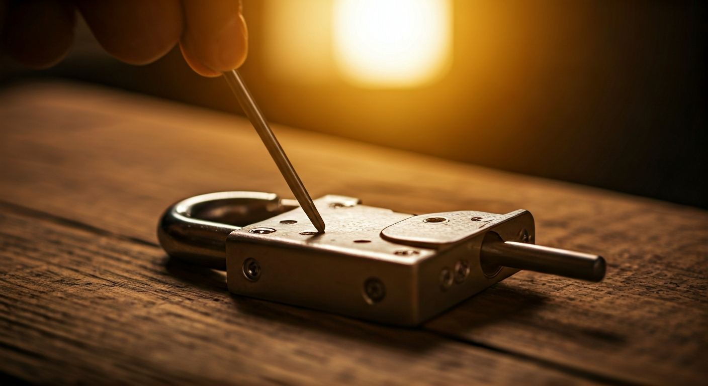 Close-up photo of a skilled hand carefully adjusting a metal lock mechanism with a screwdriver, high