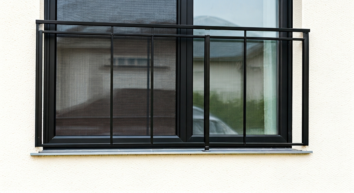Professional photo of a newly installed, sturdy black metal security grill on a residential window.