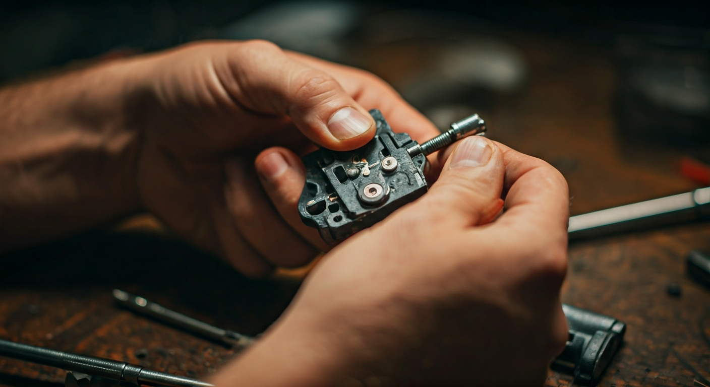 Close-up, professional photograph of a skilled locksmith's hands carefully working on a complex lock