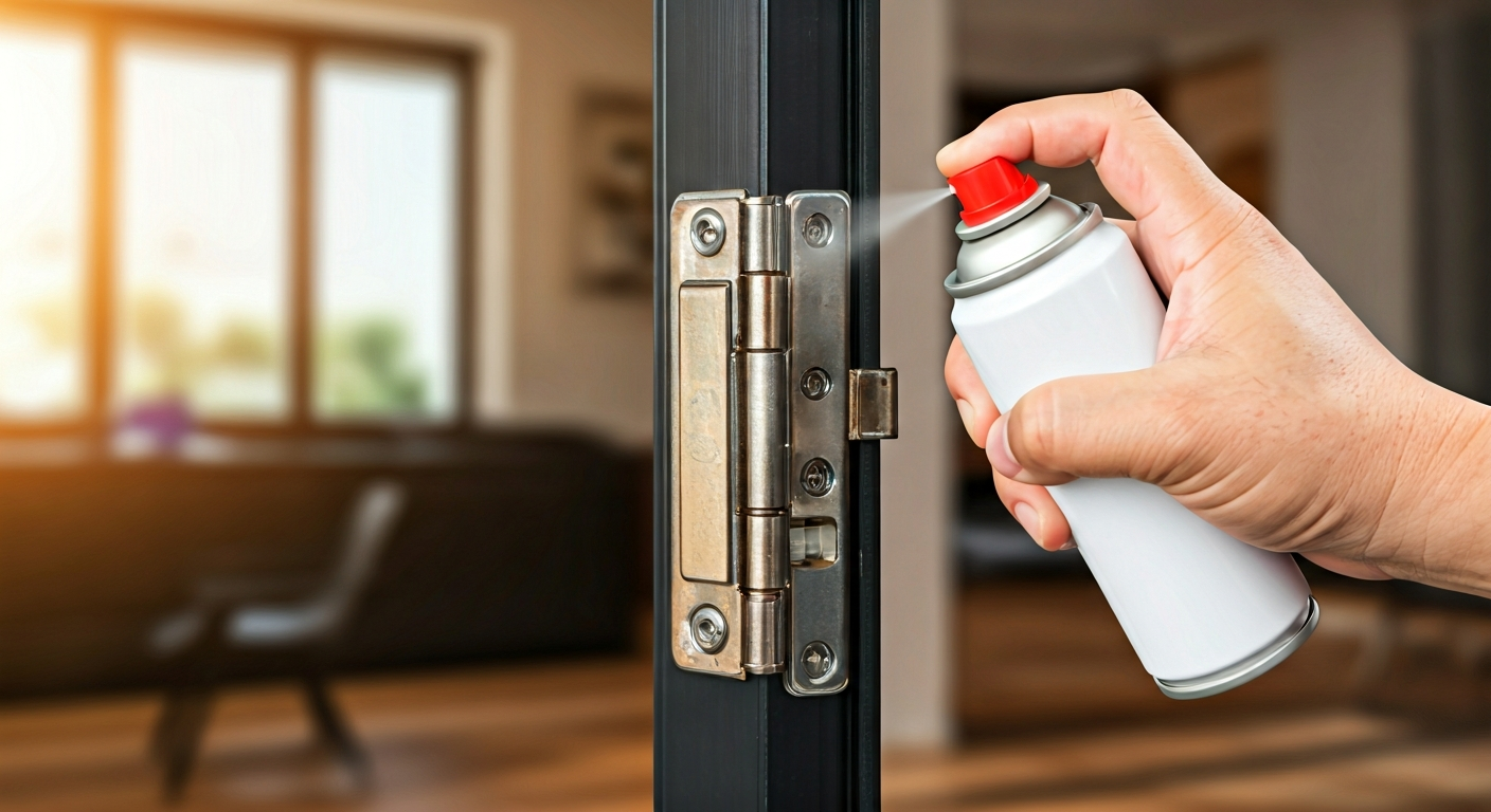 Close-up photo of a hand holding a spray lubricant can, applying it to a metal door hinge, with a bl