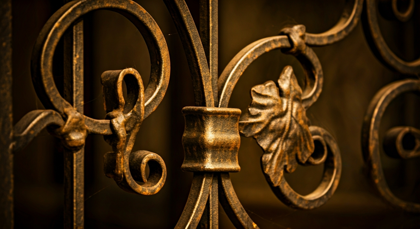 Close-up professional photo of a detailed, ornate wrought iron gate section with intricate scrollwor