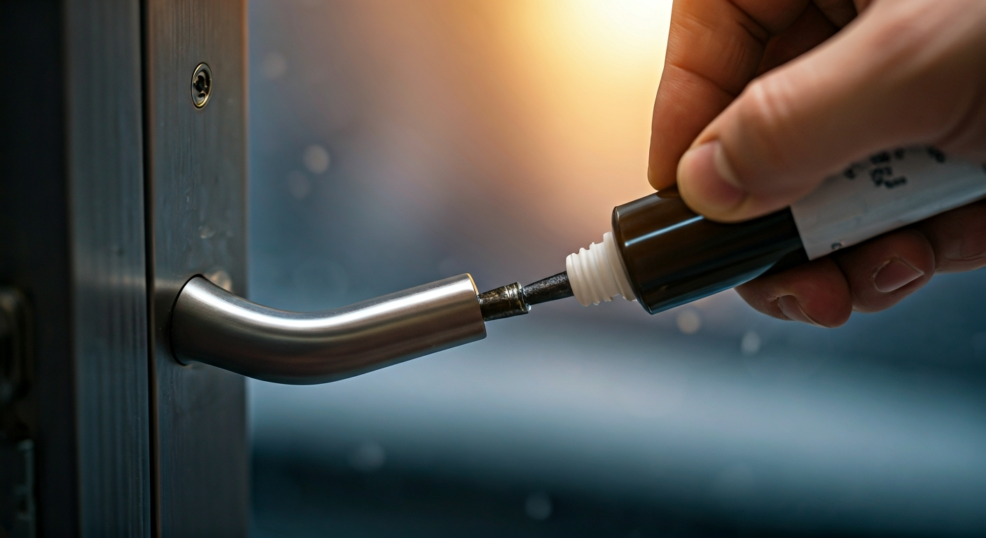 Close-up professional photo of a hand applying graphite lubricant to a door lock mechanism, with a s