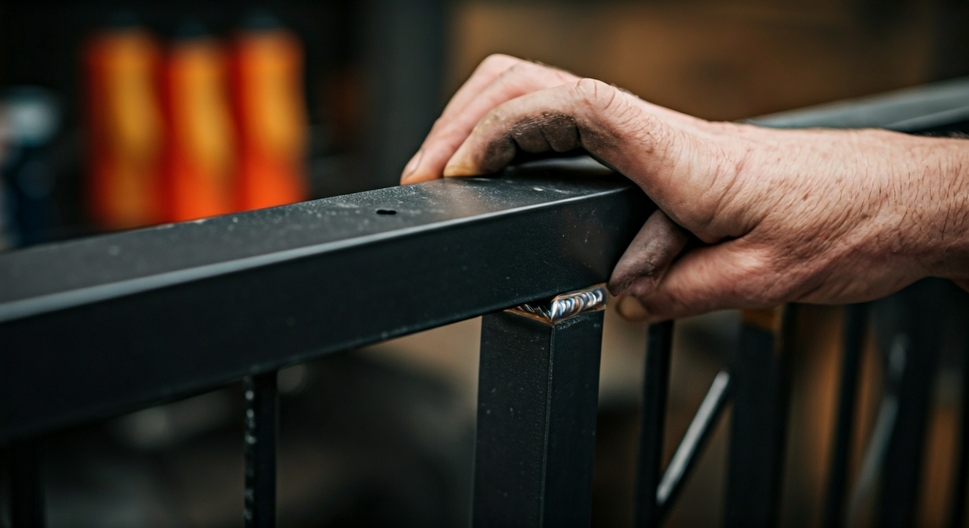 Professional photo of a craftsman's hands carefully inspecting a welded joint on a black metal secur