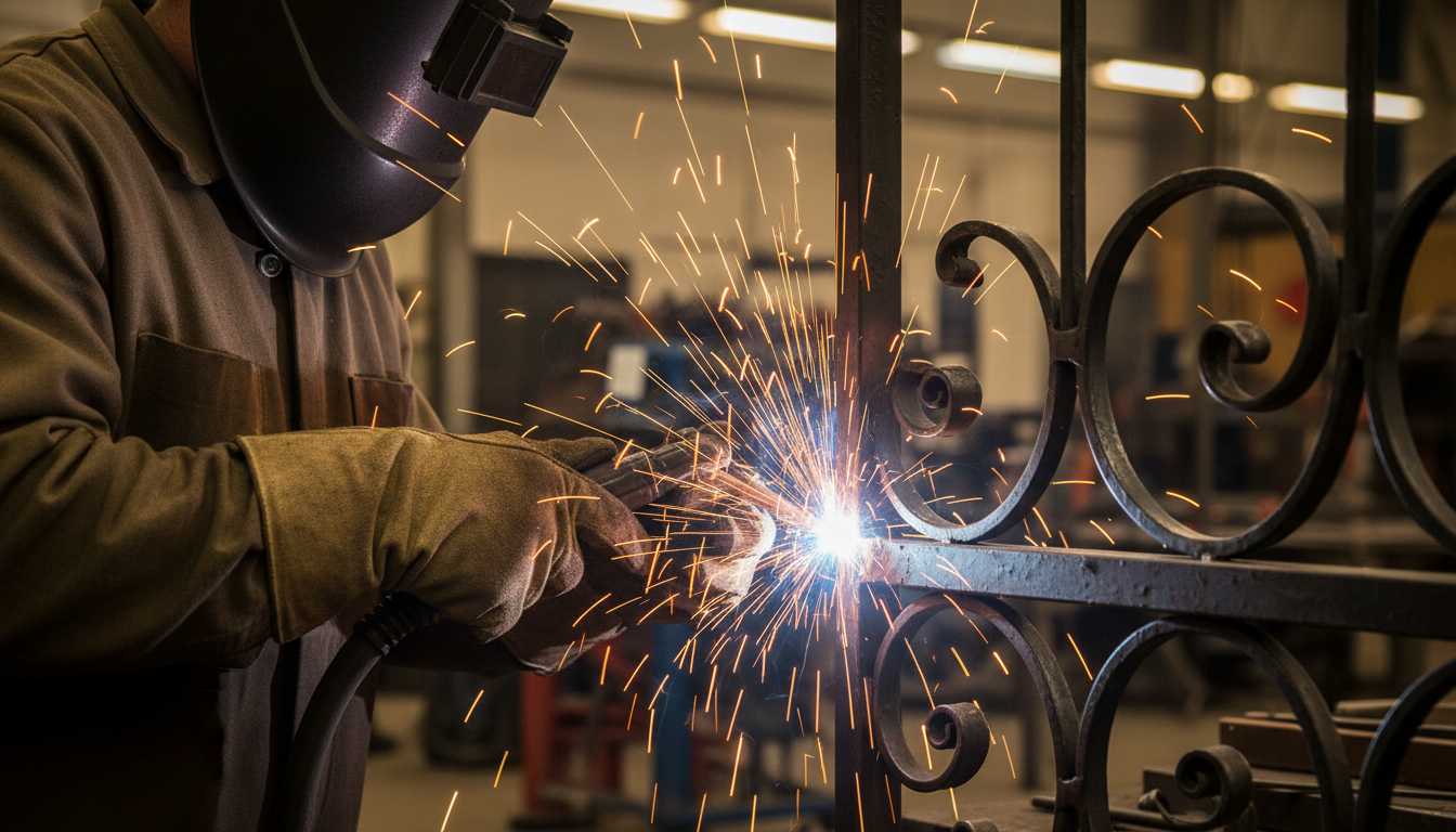 Close-up photo of a skilled professional serralheiro (metalworker) welding a piece of metal for a ga