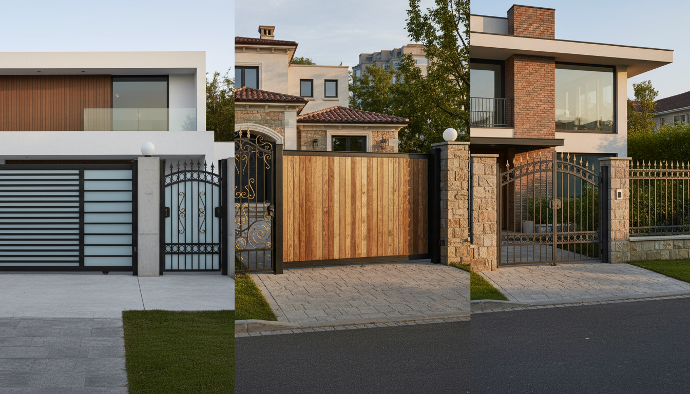 Professional photo showcasing various types of residential gates and fences side by side: a sleek mo