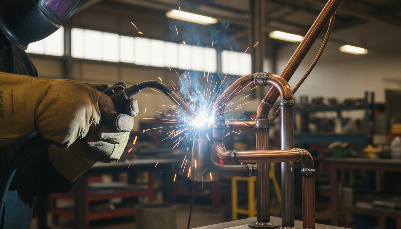 Close-up photo of a skilled metalworker, wearing safety glasses and gloves, precisely welding a cust