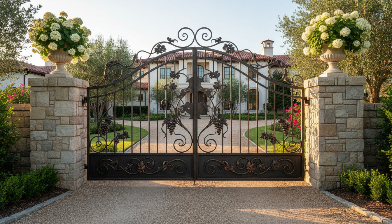 Professional photo of an elegant, custom-made wrought iron gate with intricate decorative details, e