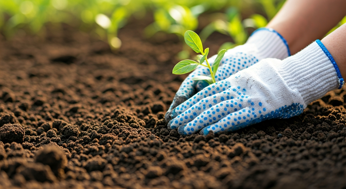 Close-up photo of a person's hands wearing gardening gloves, gently planting a small seedling into r