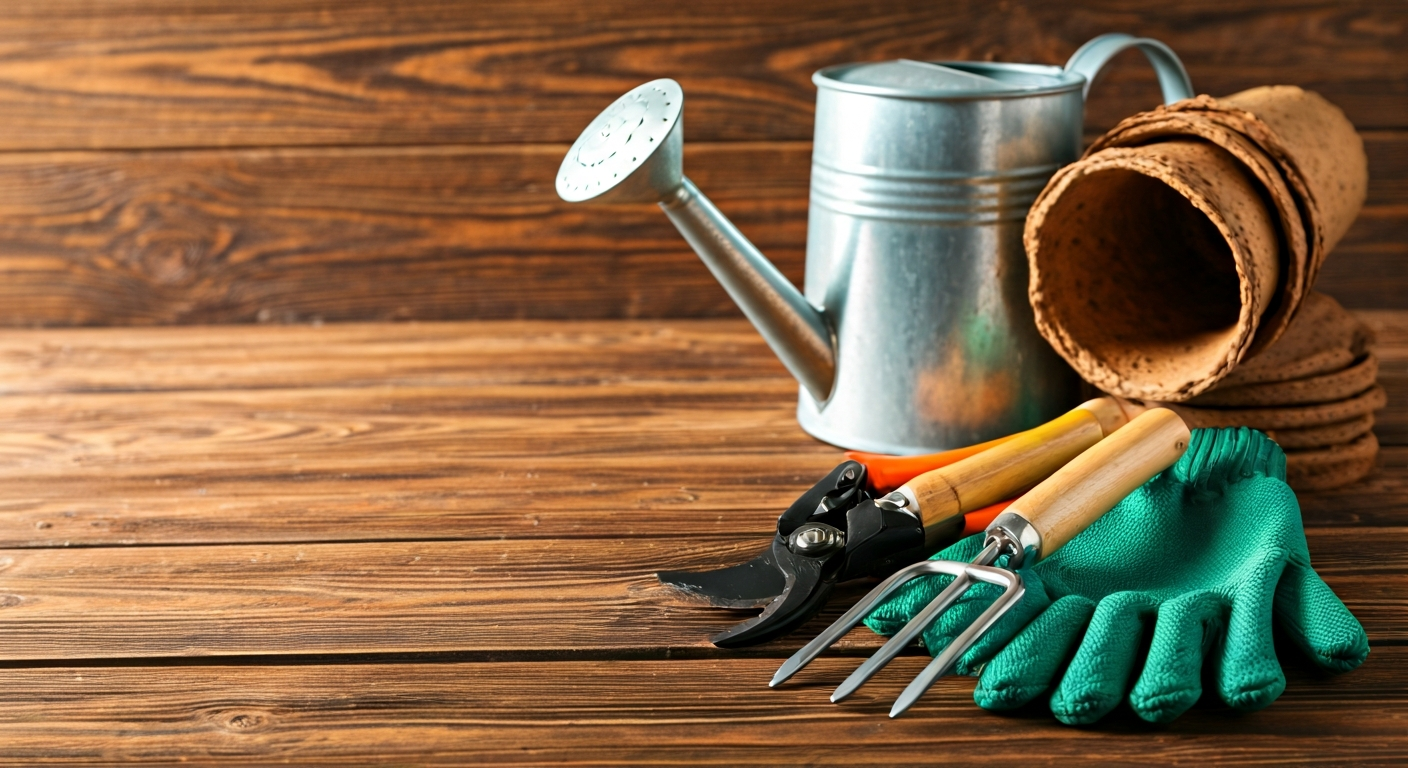 Professional photo of a set of essential gardening tools arranged neatly on a wooden surface: a smal