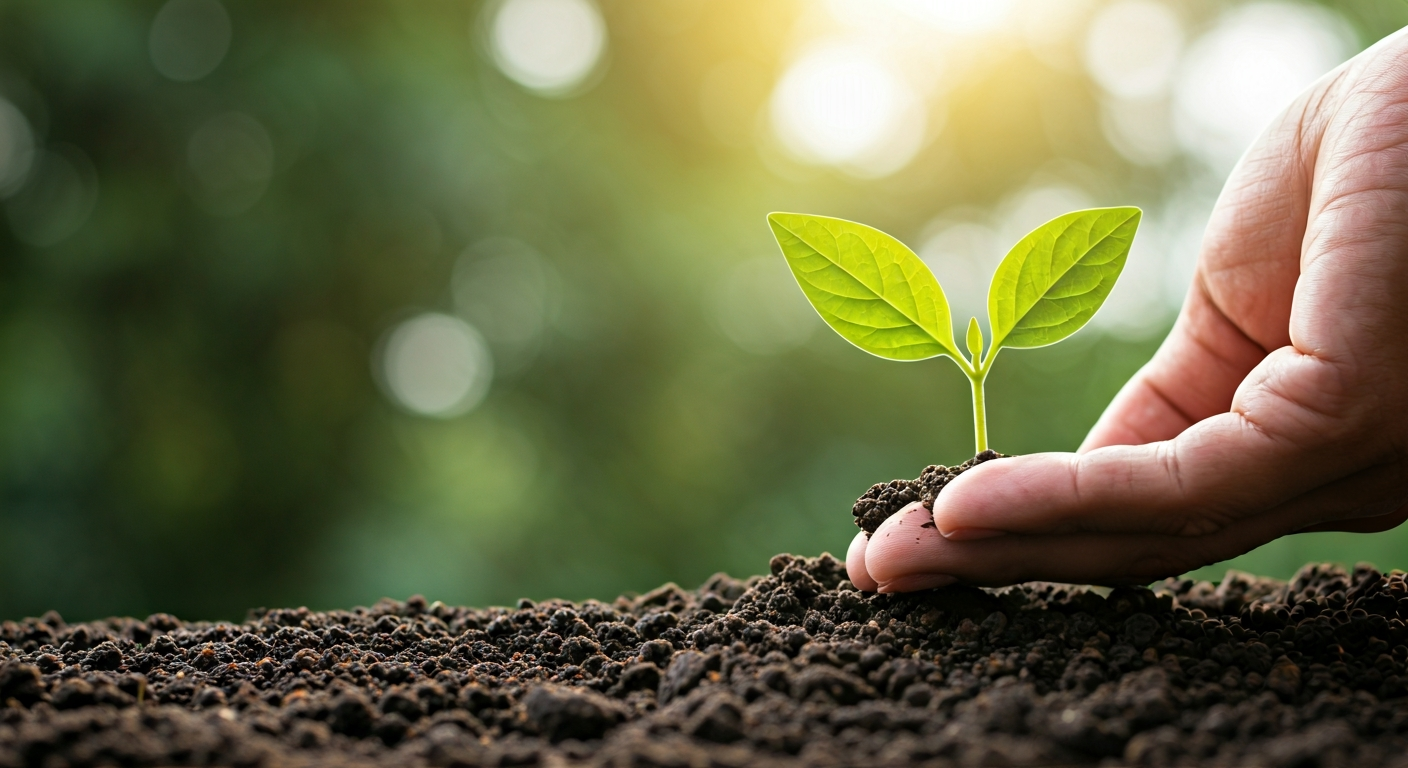 Close-up professional photograph of a hand gently tending to a vibrant green seedling in rich soil,
