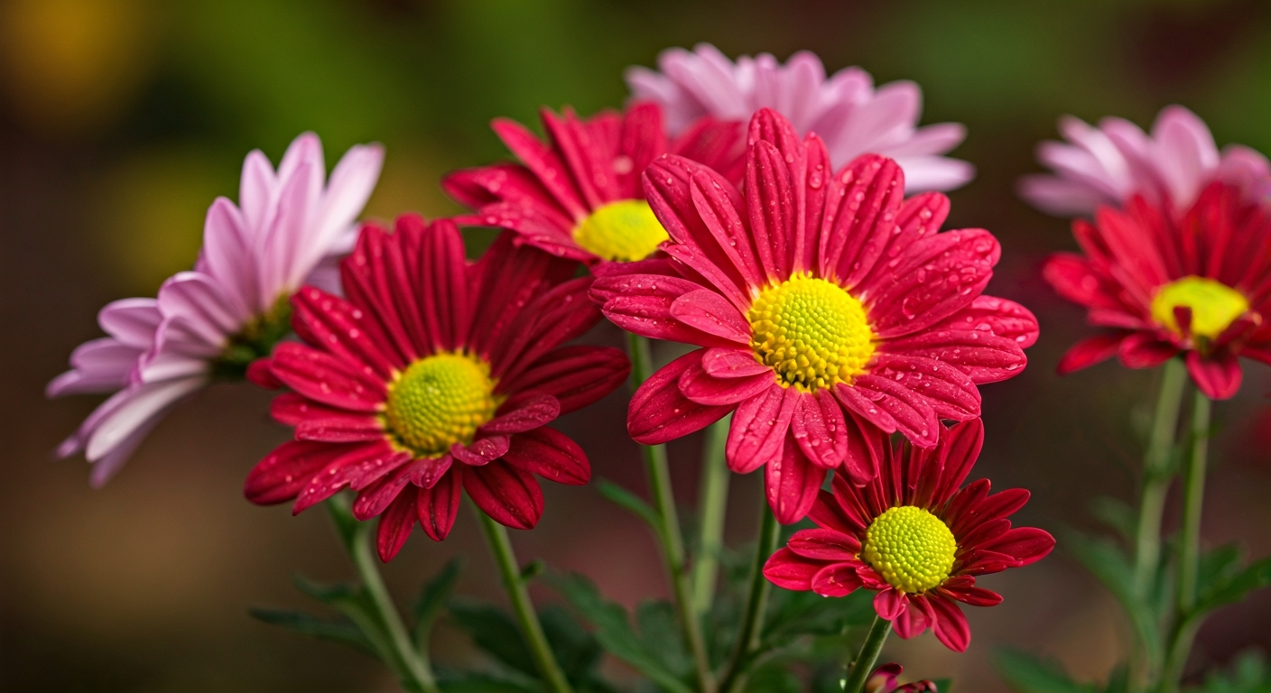 Close-up professional photo of colorful chrysanthemum flowers in full bloom during autumn, with soft