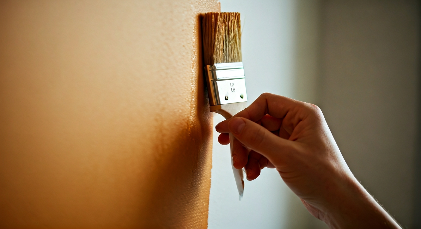 Close-up professional photo of a skilled hand holding a paintbrush, touching up a wall with a warm,