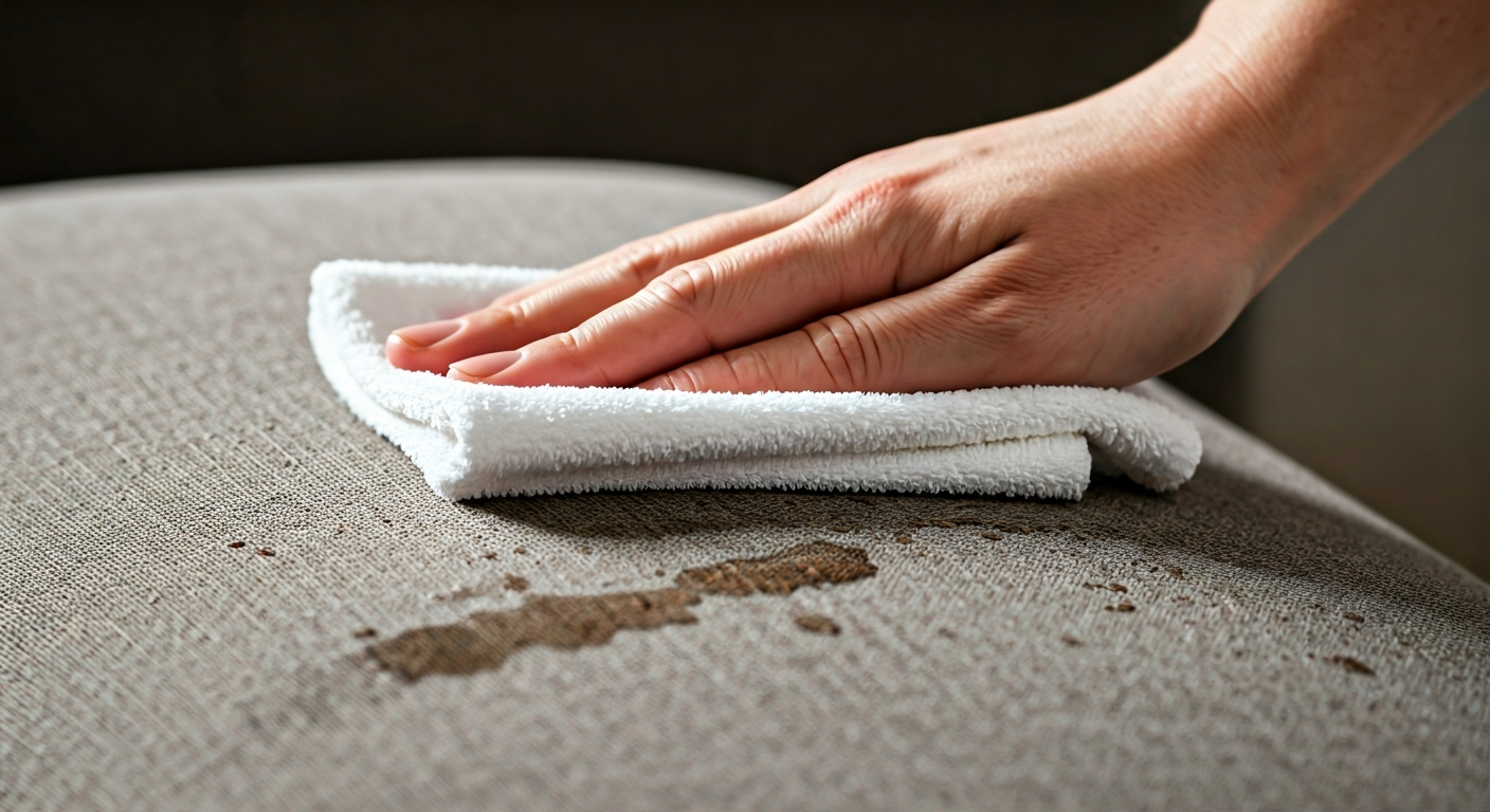 Close-up, professional photo of a hand gently dabbing a spilled liquid from a fabric sofa with a cle