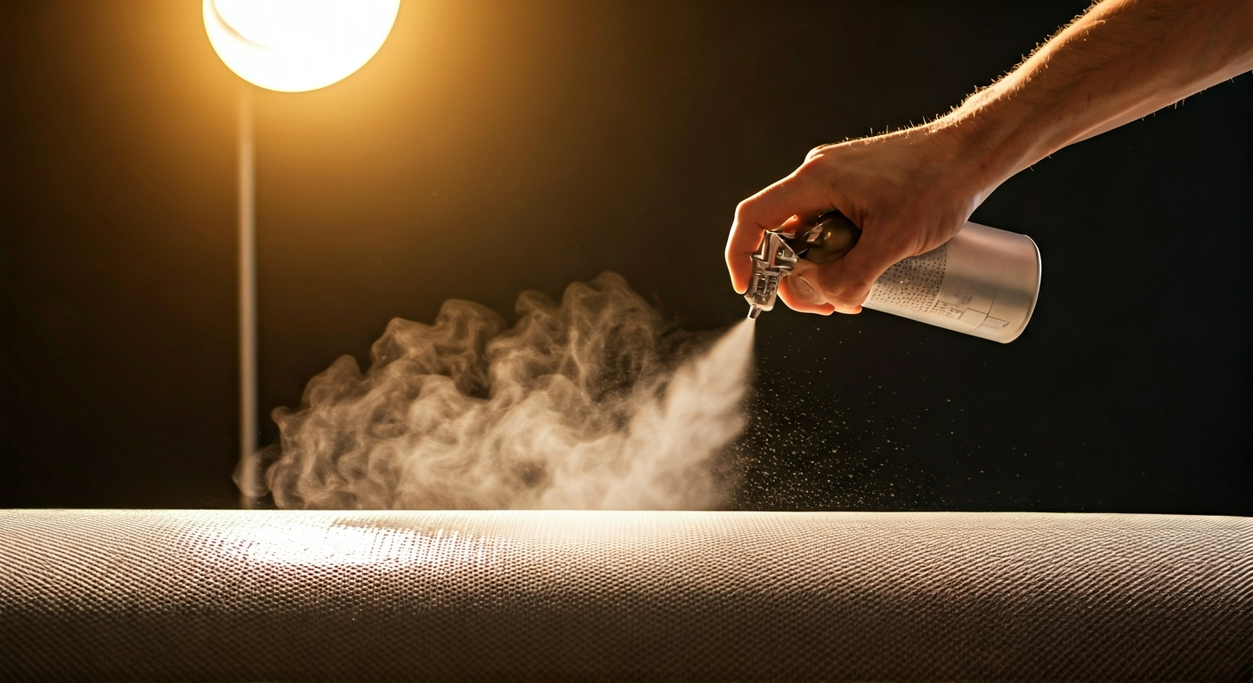 Professional studio shot of a technician carefully applying an even spray of waterproofing solution