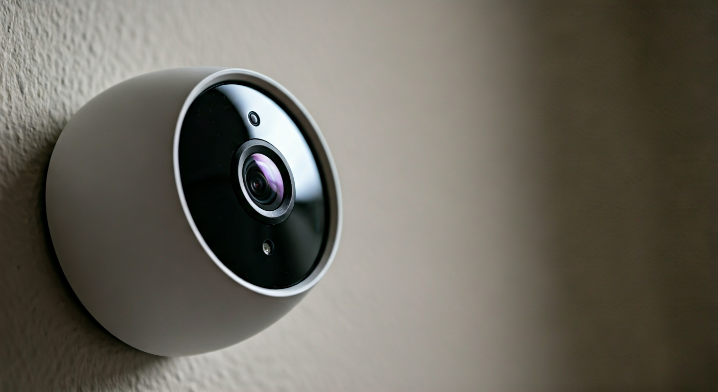 Close-up photo of a sleek, modern smart home security camera mounted on an interior wall, focusing o