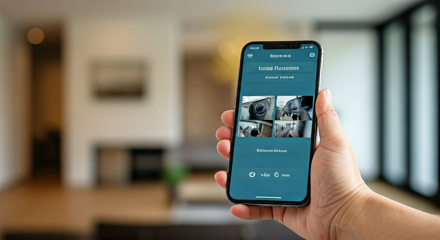 Professional photo of a homeowner's hand holding a smartphone, displaying a user-friendly security a