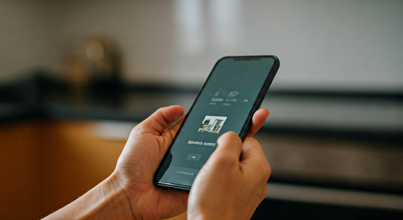 Close-up photo of a person's hands using a smartphone to book a home service, with a blurred backgro