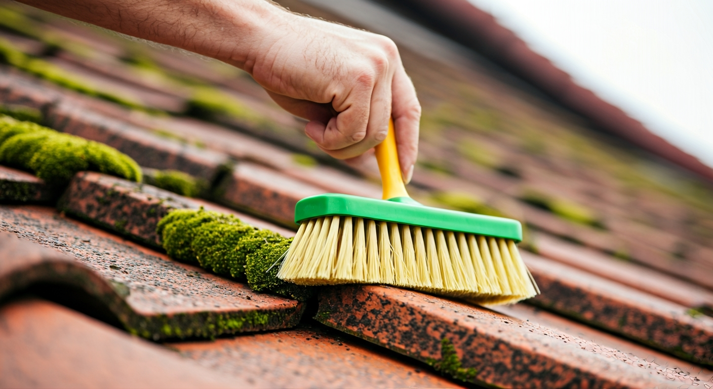 Close-up professional photo of a hand holding a brush, gently cleaning moss and debris from roof til
