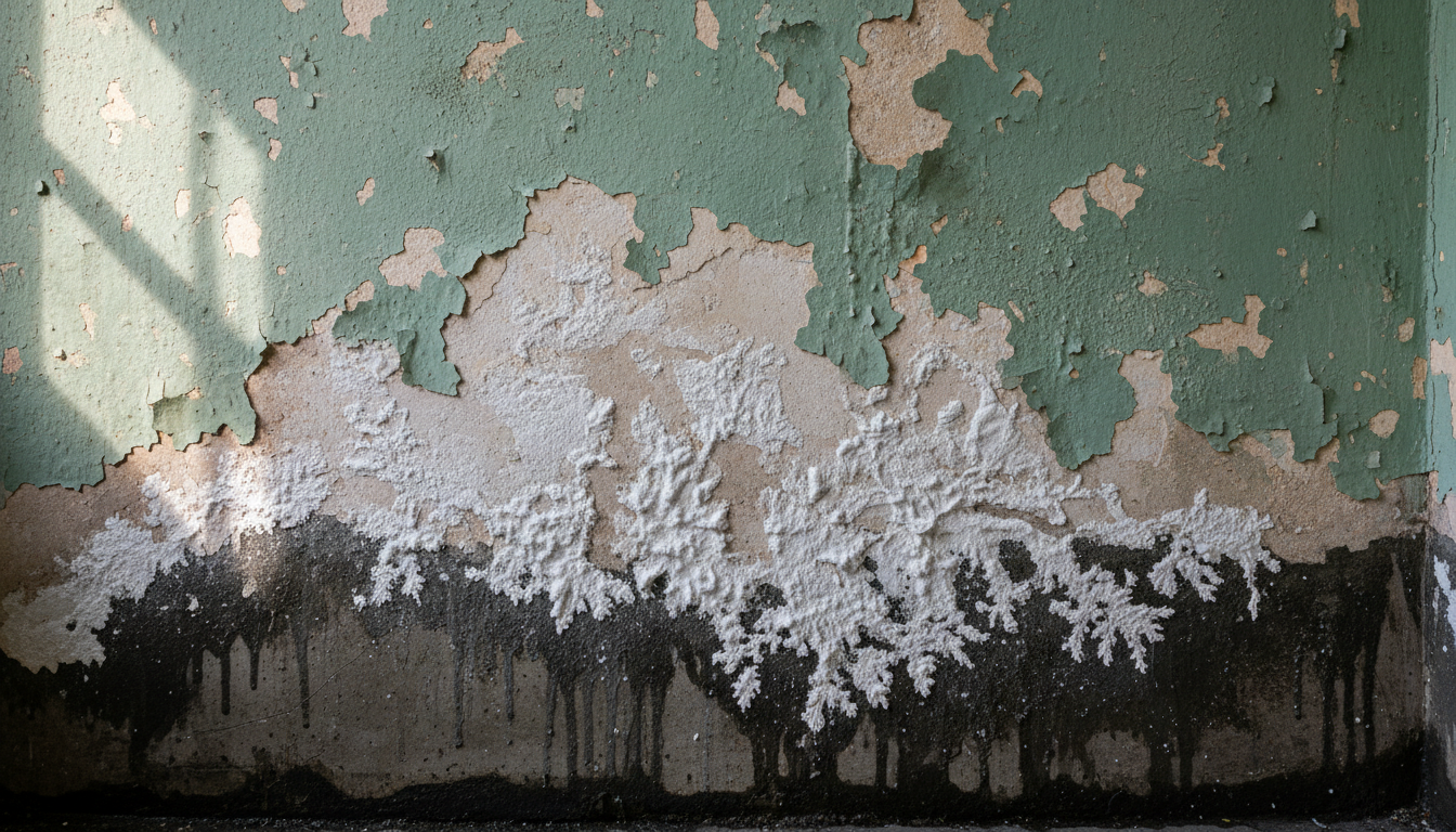 Close-up professional photo showing a damp wall with peeling paint and efflorescence (white crystall