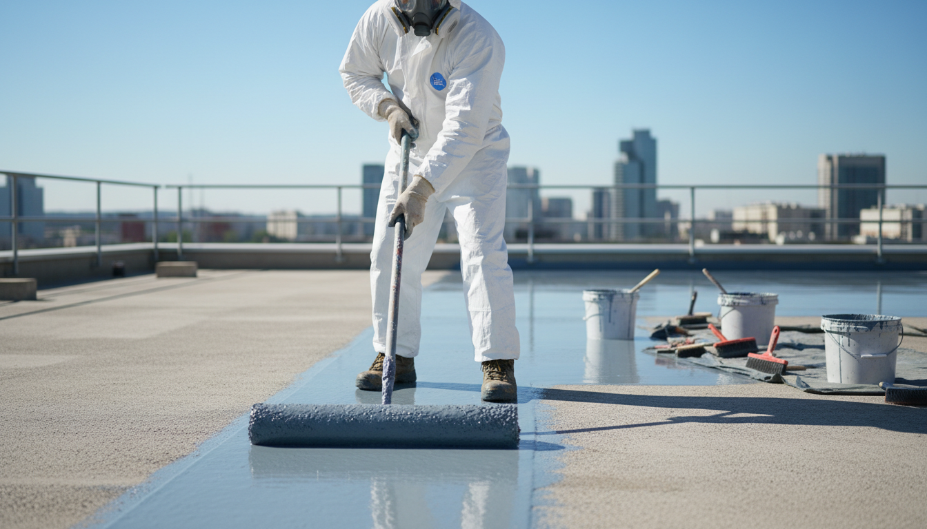 Professional photo of a skilled worker applying a liquid waterproofing membrane to a concrete slab o