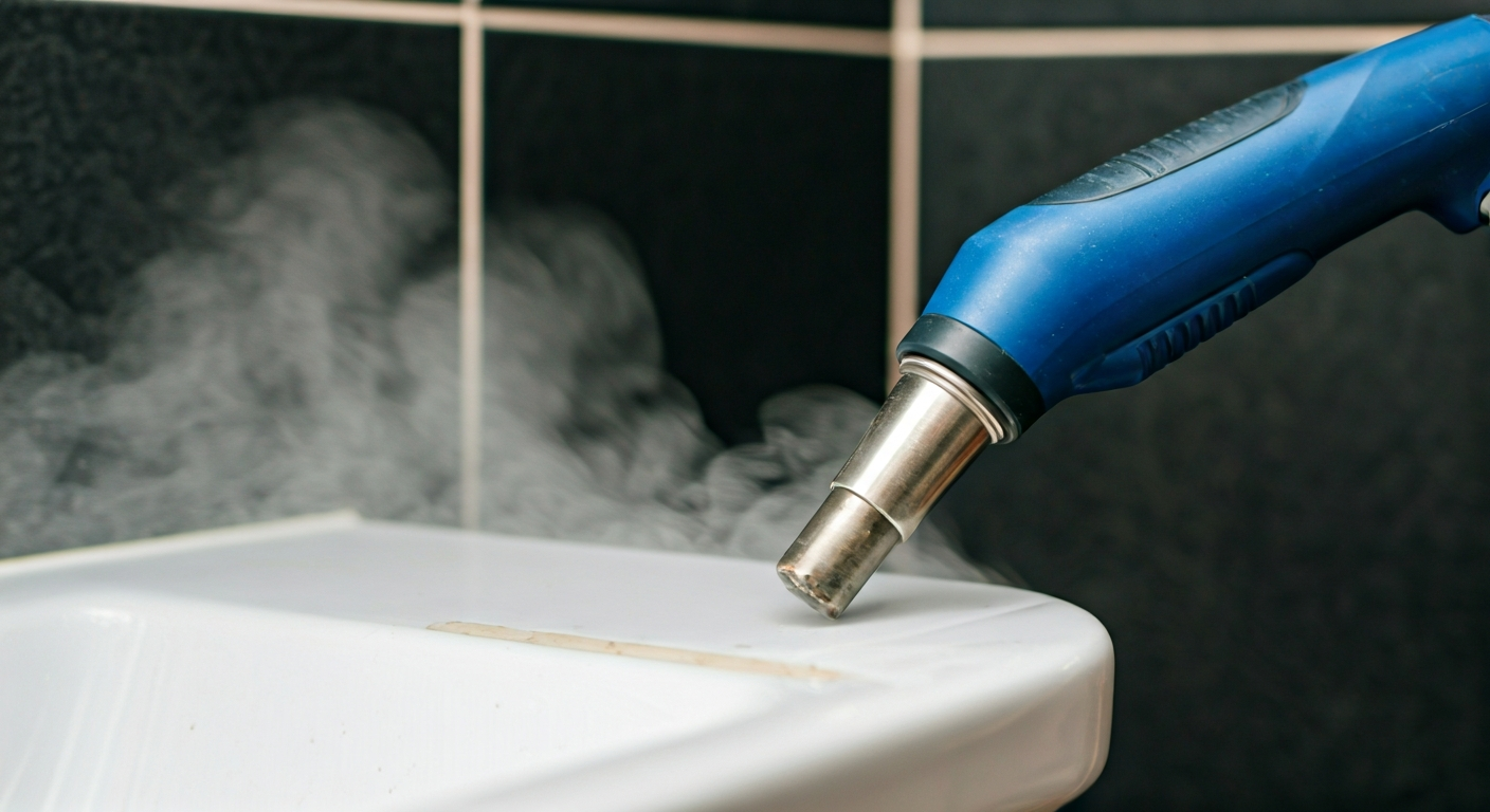 Close-up professional photo of steam cleaner nozzle targeting grout between ceramic tiles in a bathr