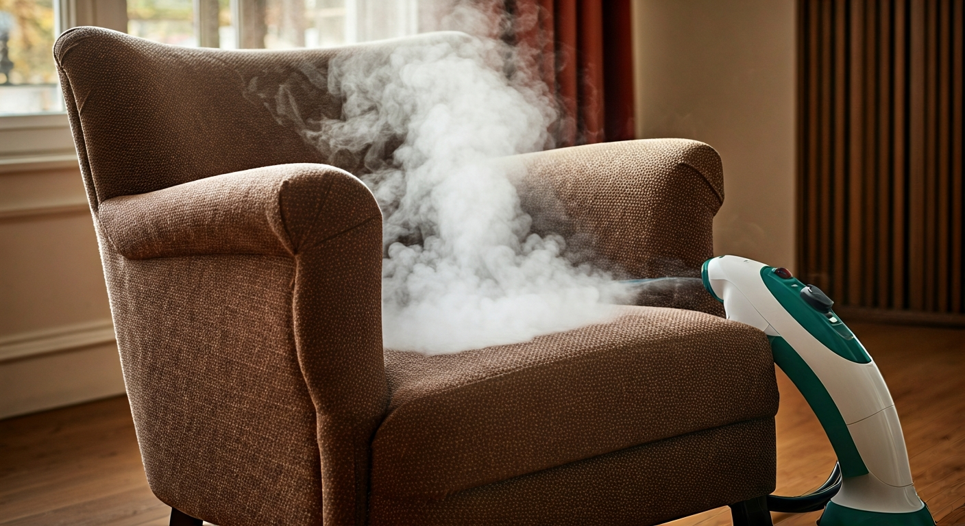 Professional photo of a living room with a steam cleaner being used on an upholstered armchair, show