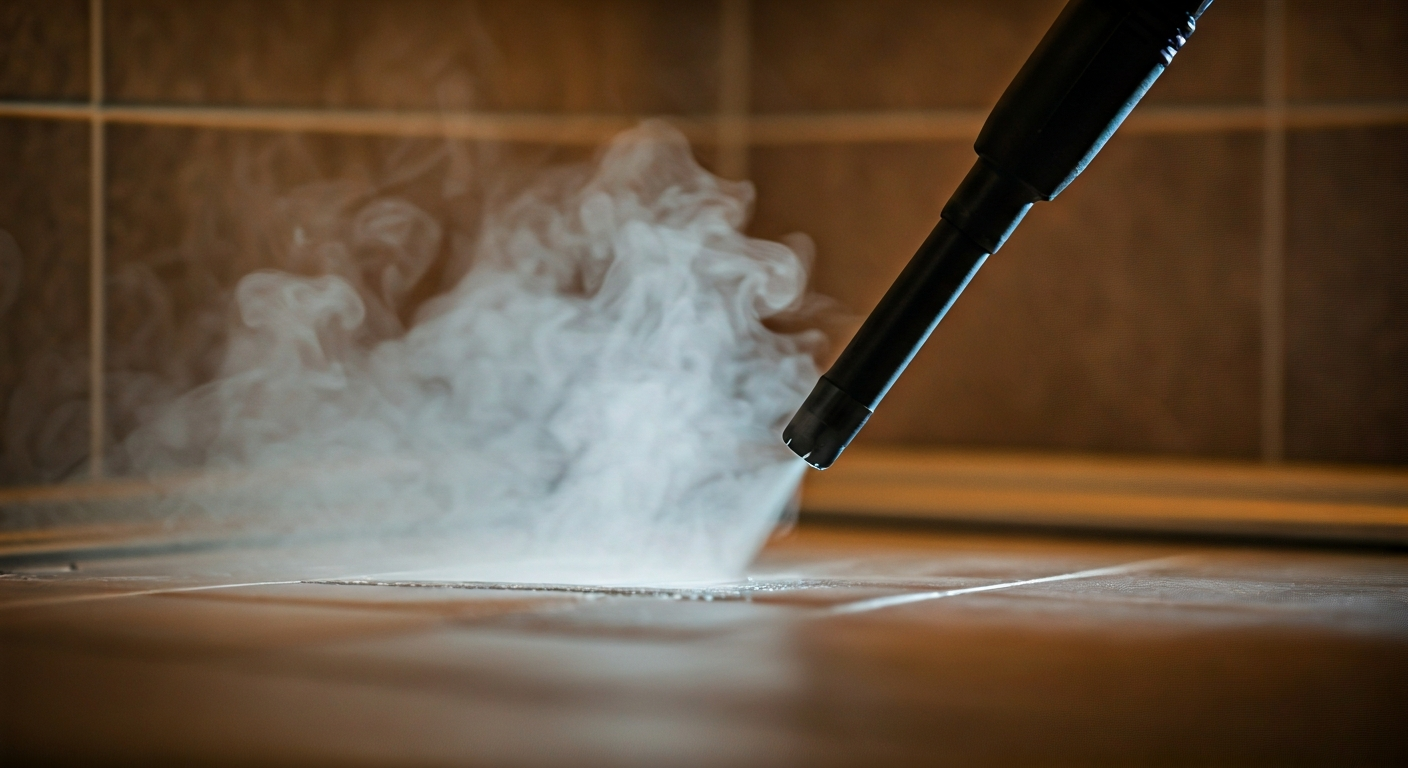 Close-up, professional photograph of steam being emitted from a nozzle of a handheld steam cleaner,