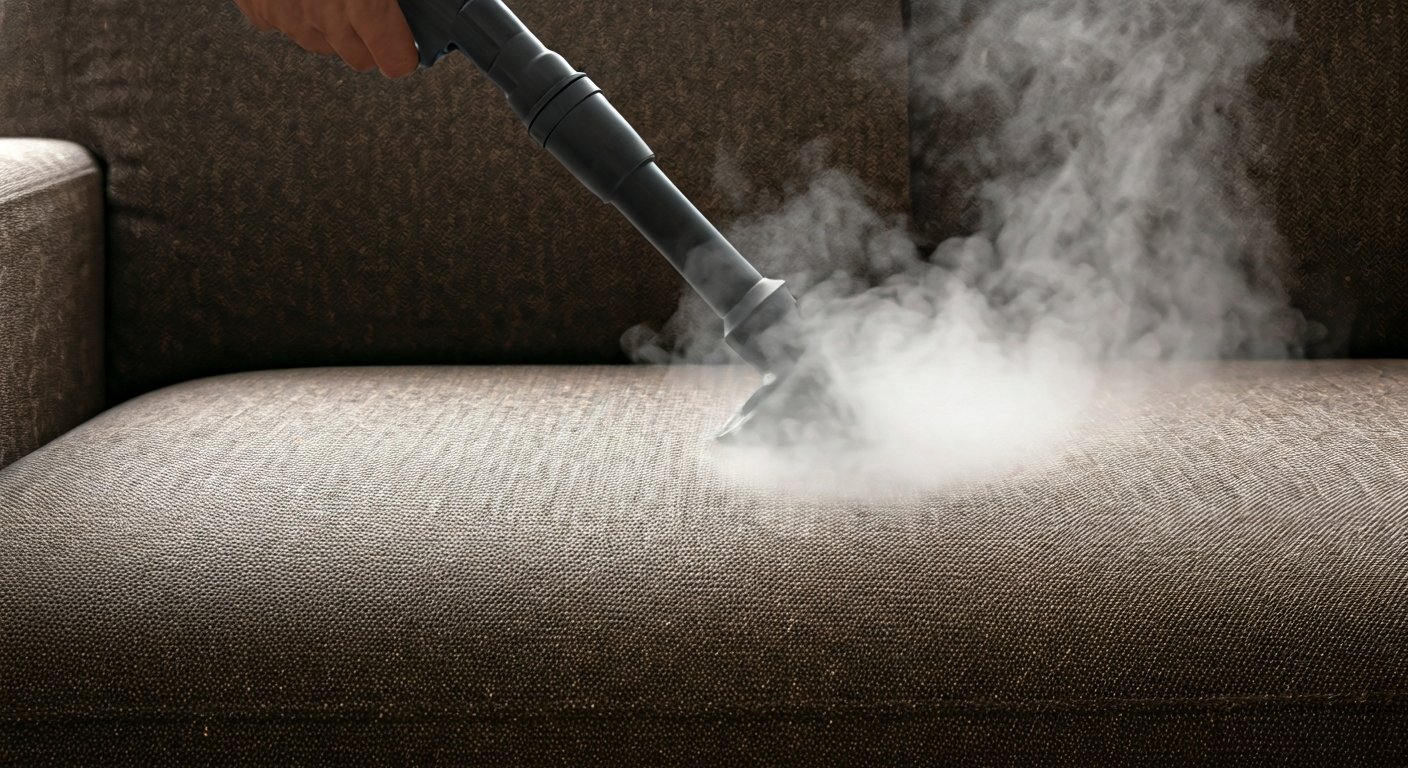 Professional photograph of a living room sofa being cleaned with a steam cleaner. The focus is on th