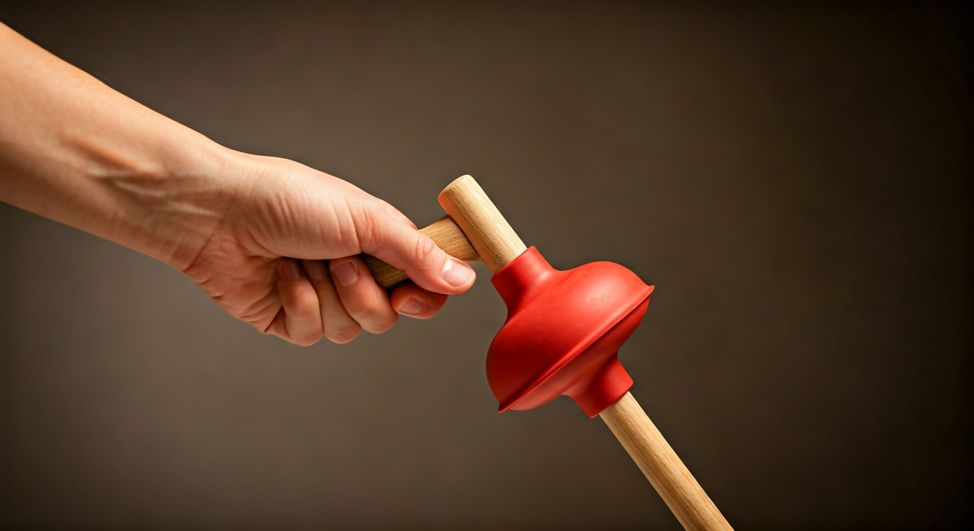 Close-up, professional photo of a hand holding a red rubber plunger, ready to be used on a sink drai