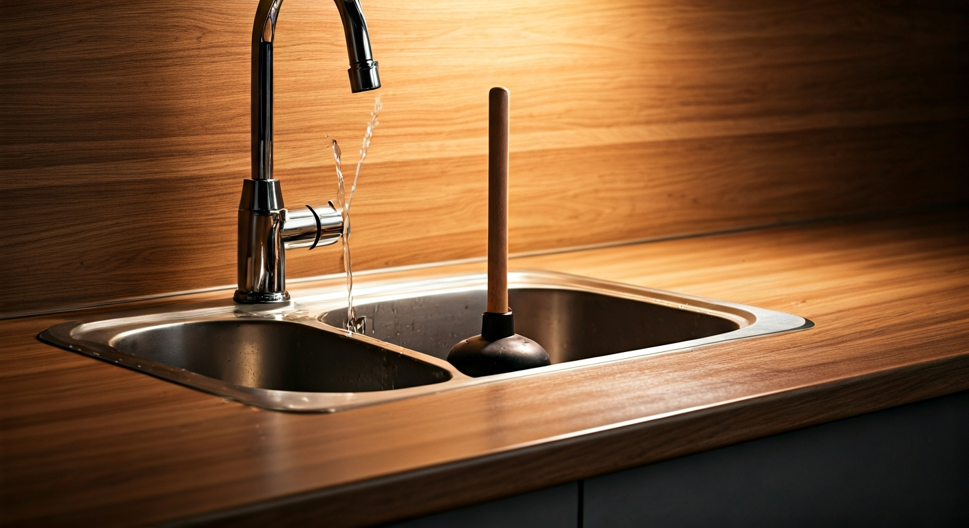 Professional photo of a kitchen sink area, showing a slight clog with slow-draining water, and a plu