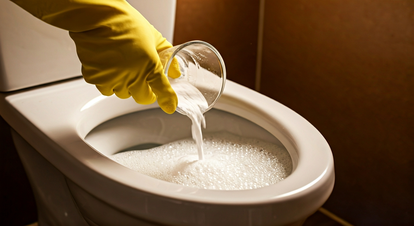 Close-up, professional photograph of a hand wearing a rubber glove pouring a mixture of baking soda