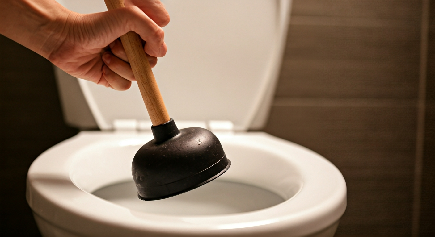 Close-up, professional photo of a hand holding a plunger over a toilet bowl, ready to plunge, with s
