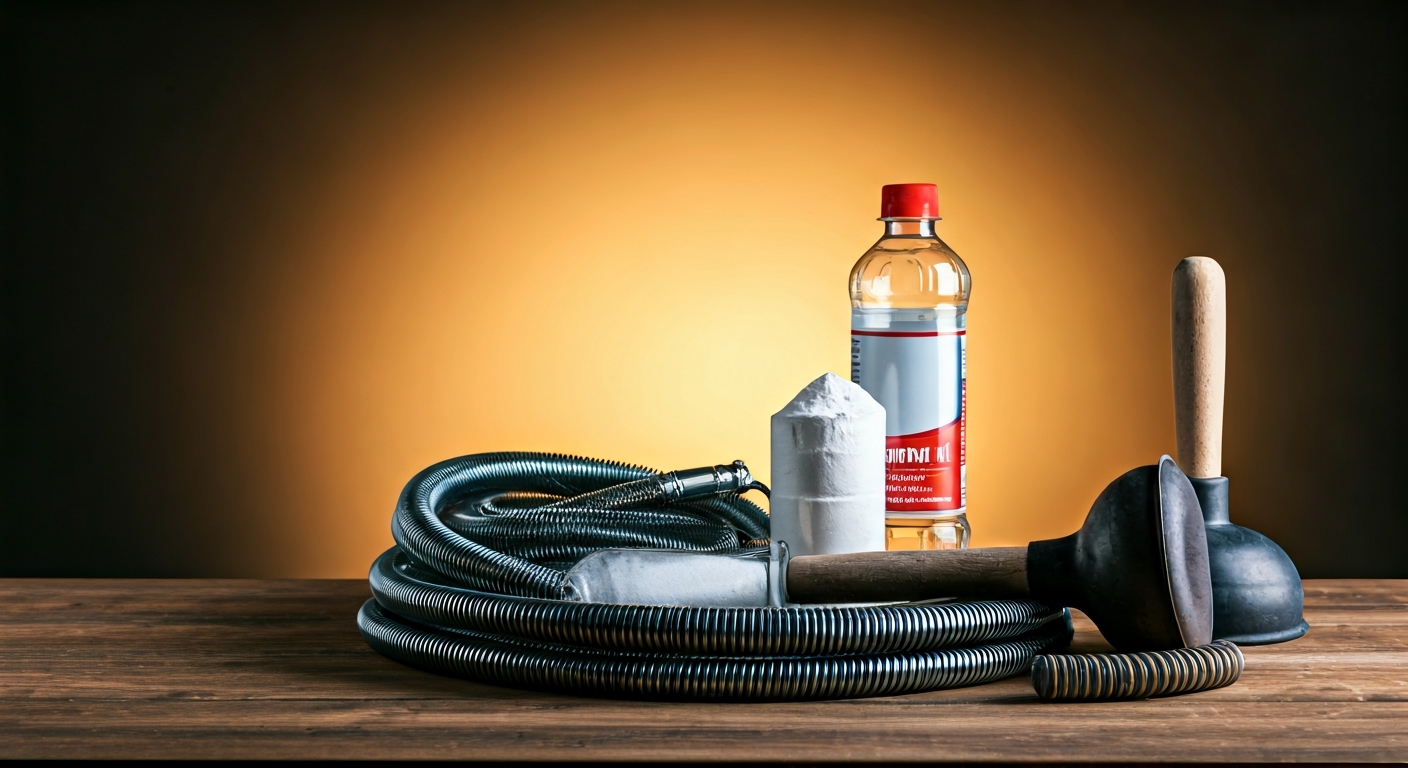 Professional photo of a plumber's tools neatly laid out on a clean surface, including a plunger, a b