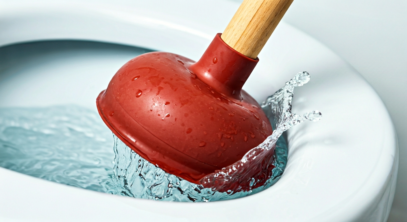Close-up professional photo of a rubber plunger being used on a toilet bowl opening, with a slight w