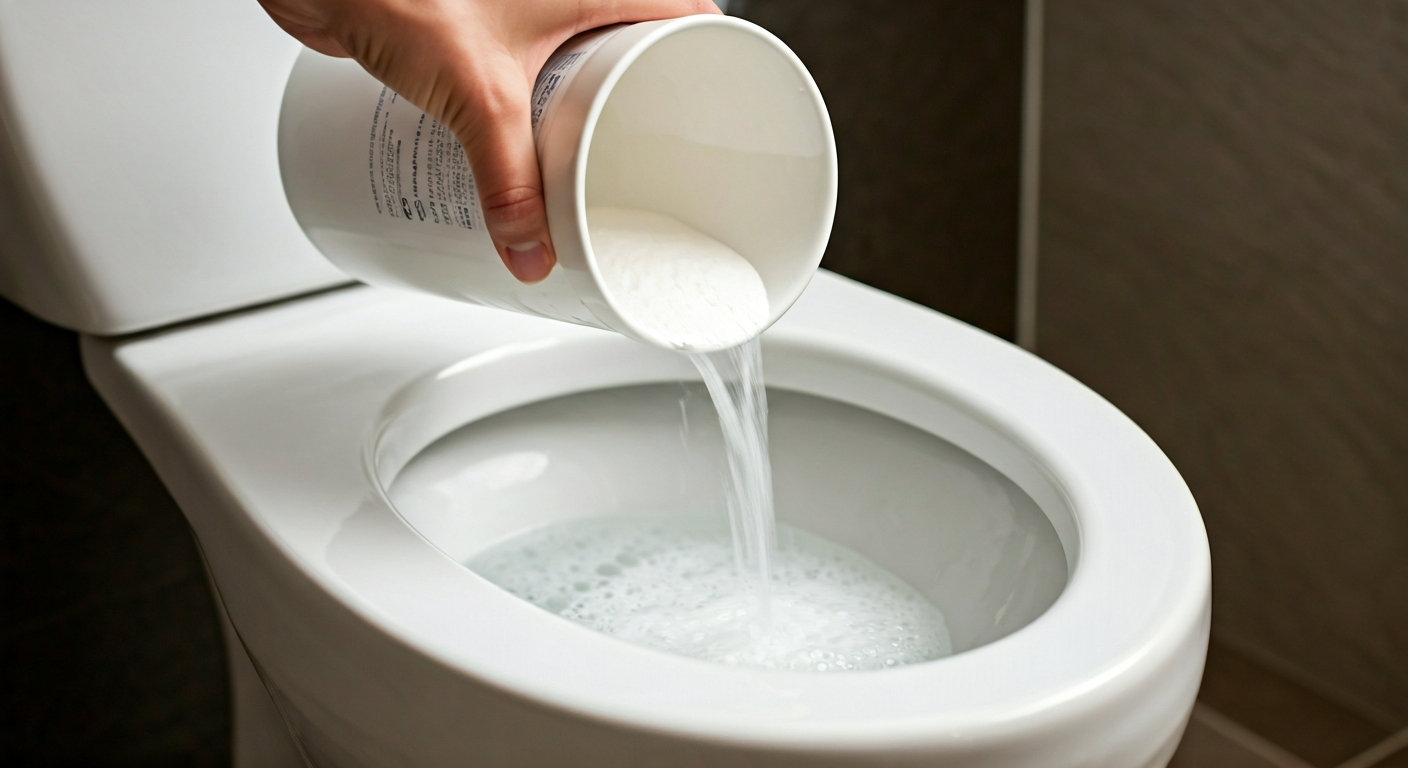 Professional photo of a hand carefully pouring a mixture of baking soda and vinegar into a toilet bo