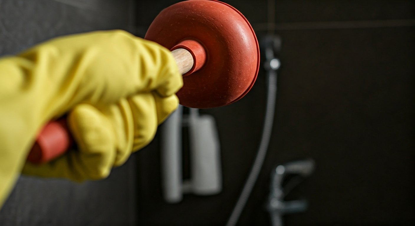 Close-up photo of a person wearing rubber gloves, holding a plunger, ready to unblock a toilet. Prof