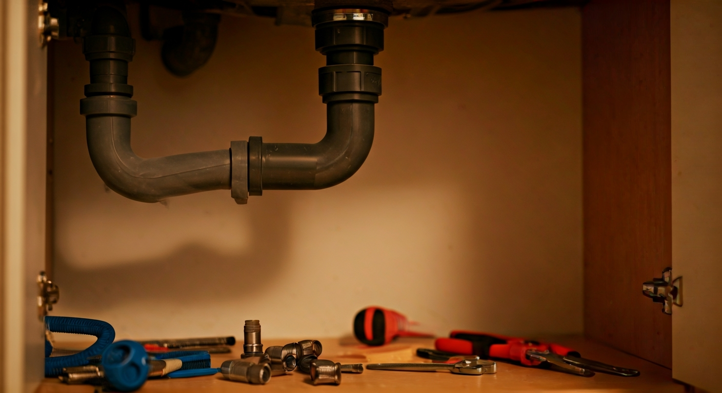 Professional photo of a plumber examining a pipe connection under a sink, with tools neatly arranged