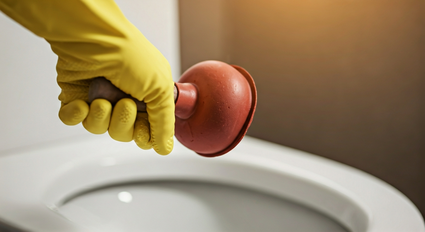 Close-up photo of a hand wearing a rubber glove holding a plunger positioned over a toilet bowl, rea