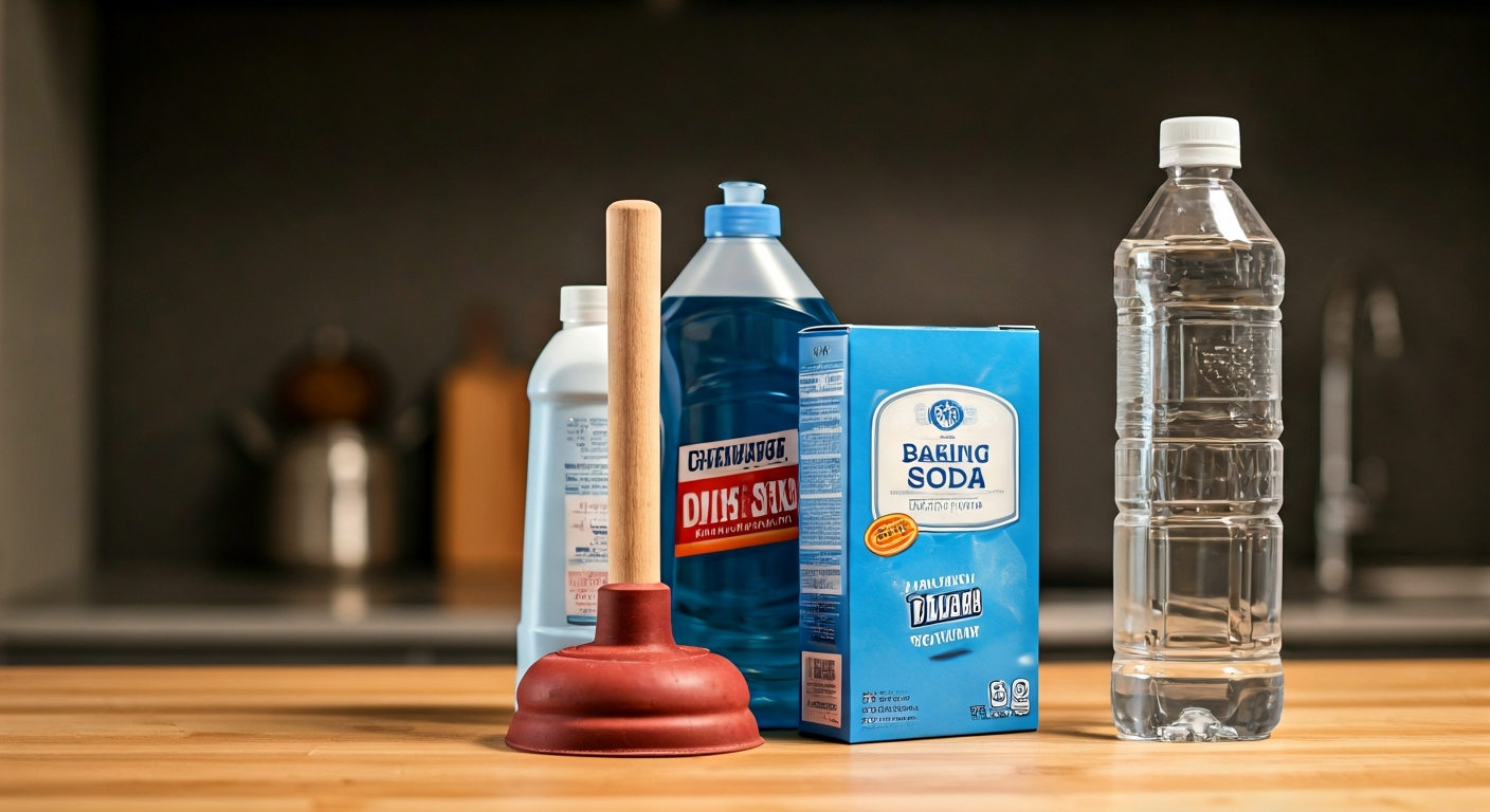 Professional photo of a plunger, a bottle of dish soap, a box of baking soda, and a bottle of white