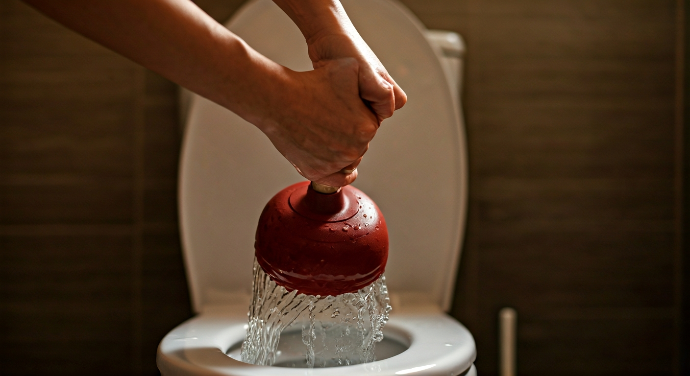 Close-up professional photo of hands using a plunger on a toilet, with water visible and slight move