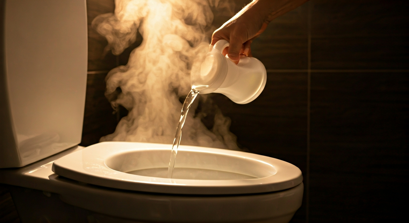Professional photo of a person carefully pouring hot water with detergent into a toilet bowl, steam