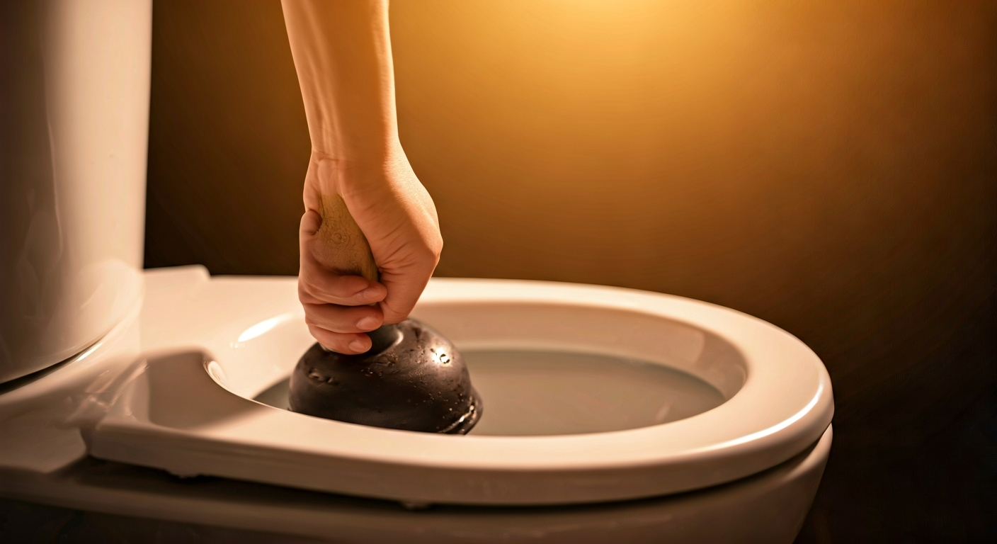 Close-up, professional photo of a hand using a plunger on a toilet bowl, with a clear indication of