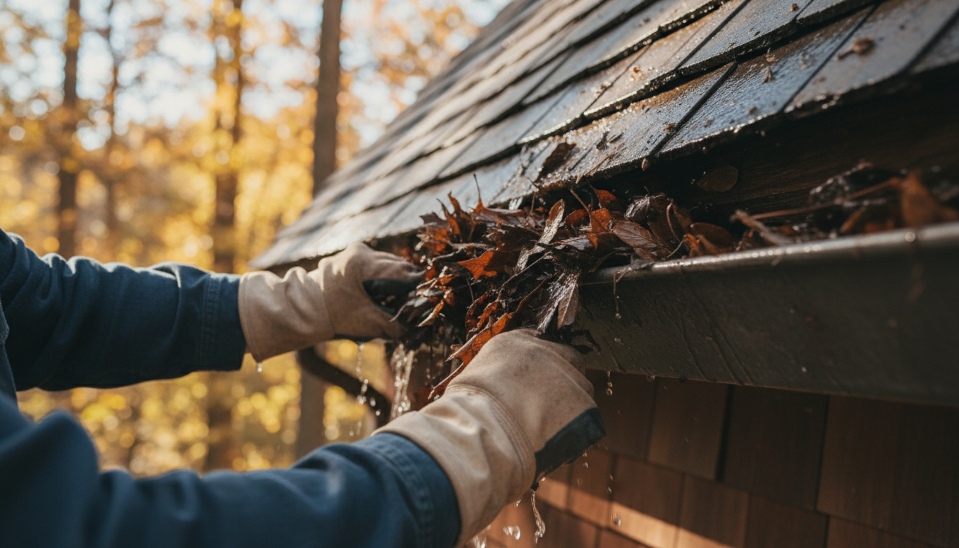 Close-up professional photo of a person's hands cleaning a house gutter filled with leaves, wearing