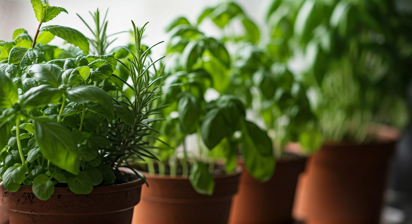 Close-up, professional photograph of various potted herbs like basil, mint, and rosemary on a sunny